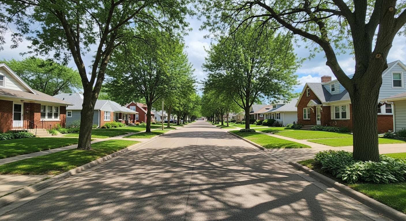 A quiet, tree-lined residential neighborhood in the greater Omaha area